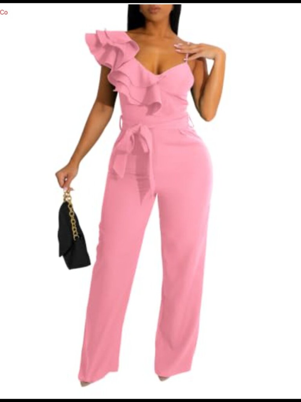 Womens Ruffle One Shoulder Wide Leg Belted Jumpsuit Sleeveless V Neck